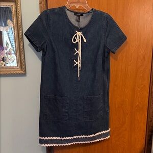 Denim Short Sleeve Dress with Lace-Up Detail